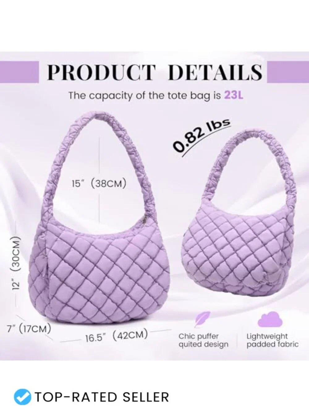 Large Quilted Puffer Tote Bag with Zipper, Nylon Waterproof Lightweight Carryall
